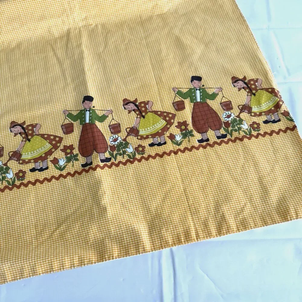 Vtg 1950s 1960s Full Apron Dutch Boys Girls Yellow Gingham Cotton Lined 1/2 Work